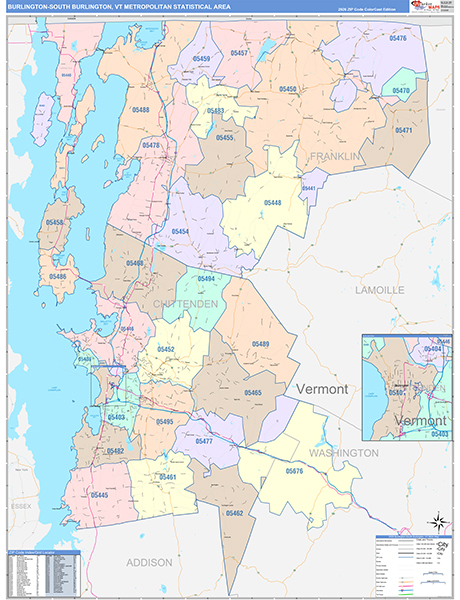 Burlington-South Burlington Metro Area Wall Map Color Cast Style